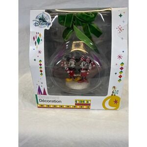Disney Parks Mickey Minnie Mouse Glass Globe Christmas Ornament Candy Cane New